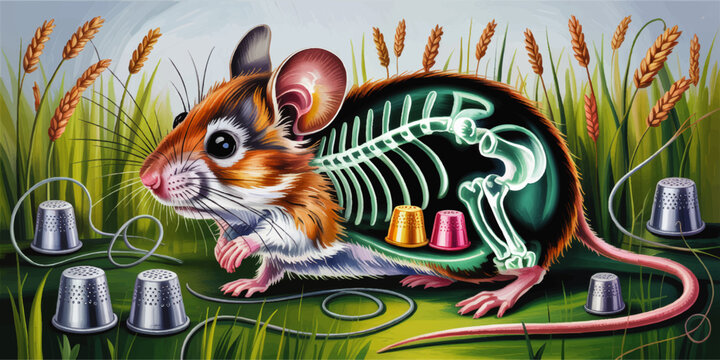 Surreal mouse anatomy illustration with glowing skeleton in wheat field and thimbles, whimsical educational nature artwork