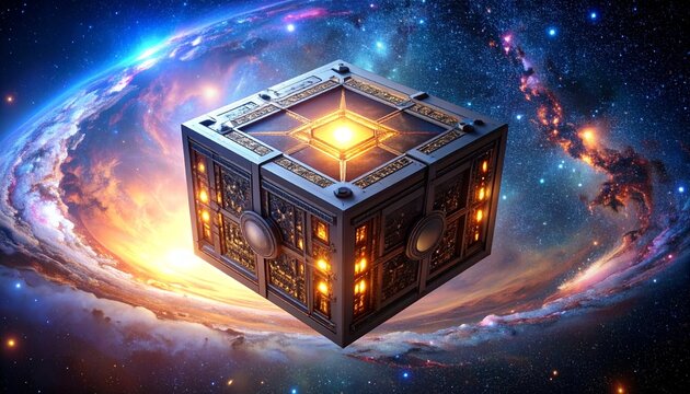 Futuristic Cube in Space with Lights.