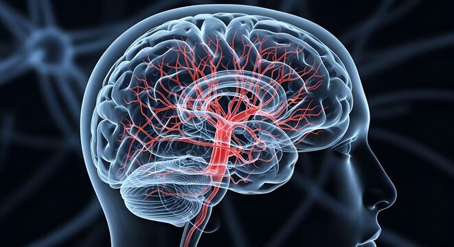 Human brain with red highlighted vessels and nerves brain scan red vessels