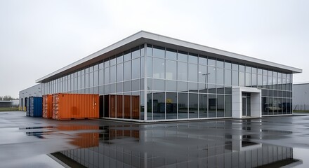 Obraz premium Large modern warehouse with glass facade and shipping containers wet pavement