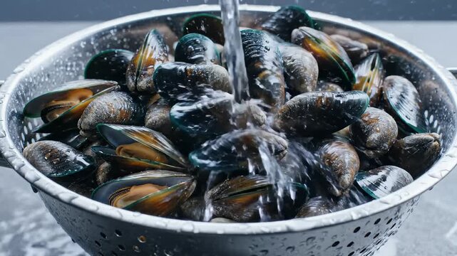 Fresh Mussels Being Rinsed in a Colander, Close-Up Shot
