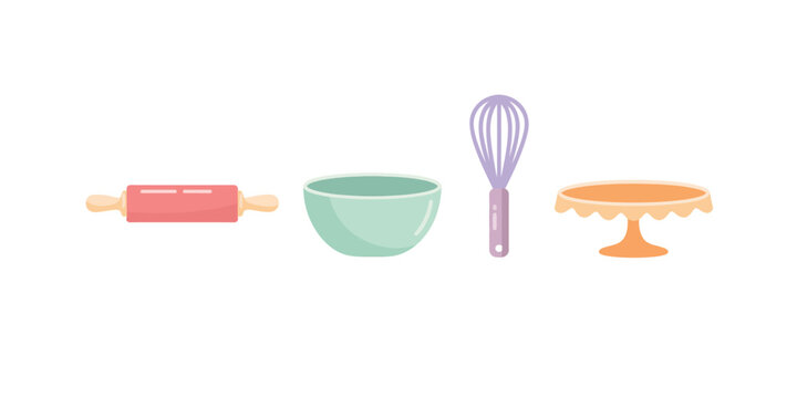 Baking Tools Flat Lay with Rolling Pin Mixing Bowl Whisk and Cake Stand for Kitchen and Pastry Concepts