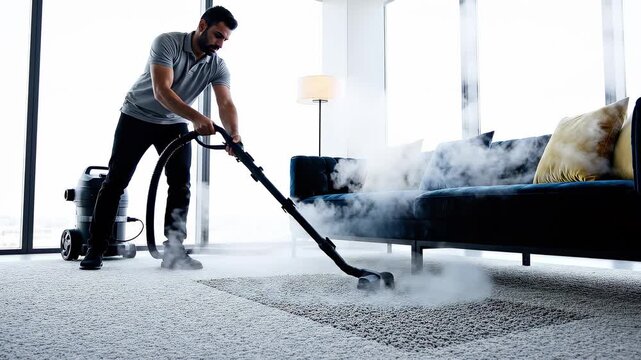 Professional service technician using industrial steam vacuum machine to clean carpet in modern living room, concept for housekeeping maintenance, hygiene disinfection and janitorial business