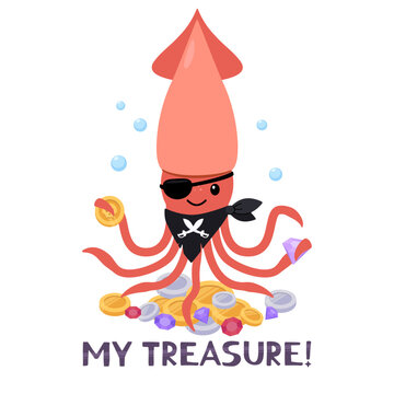 Cute pirate squid cartoon character with eye patch and treasure hoard of gold coins and gems, funny underwater sea creature illustration with tentacles and bandana