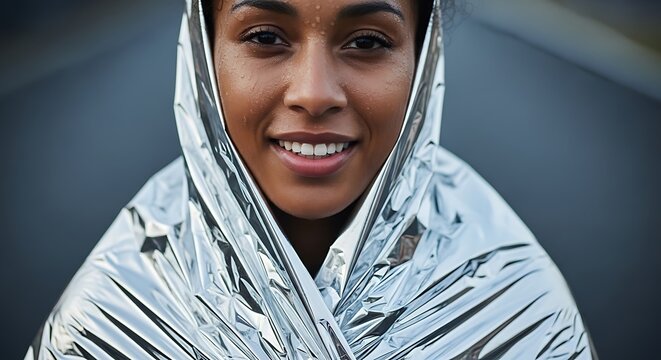 A smiling woman wrapped in a shiny emergency blanket outdoors 2026 Professional track and field athlete performing on red running track