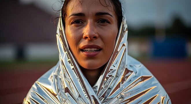 A smiling woman wrapped in a shiny emergency blanket outdoors 2026 Professional track and field athlete performing on red running track