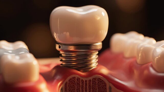 Detailed close up 3d rendering of dental implant crown with screw abutment into human jaw bone model, concept for orthodontic treatment, restorative dentistry and prosthetic surgical procedure