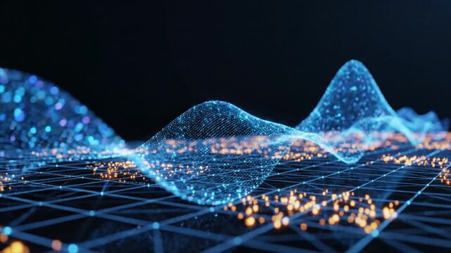 Visualizing data waves on a grid with glowing points and lines in technology