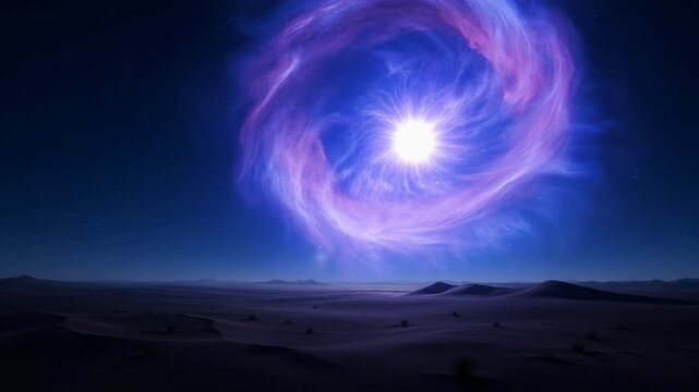 Timelapse video of a bright star in a dark desert night sky transforming into a vivid cosmic nebula with swirling blue and purple gaseous clouds, star clusters, and radiant light bursts