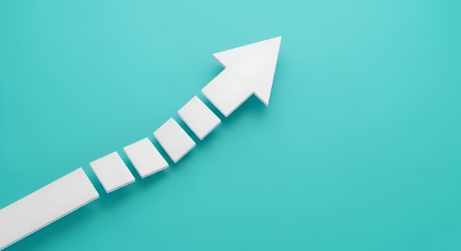 White arrow with rectangular segments on teal background upward trend growth symbol