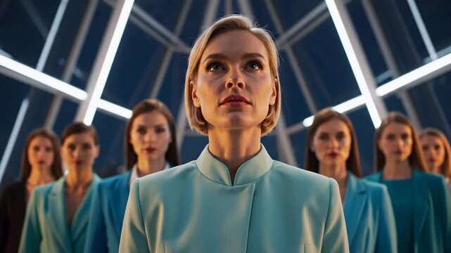 A woman in a teal uniform stands confidently in front of a group of similarly dressed women in a futuristic interior with neon lights.
