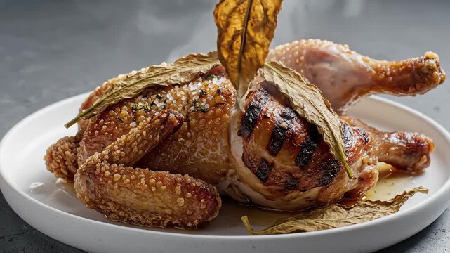 Whole Roasted Chicken With Crispy Skin and Herbs on a White Plate, Steaming Hot
