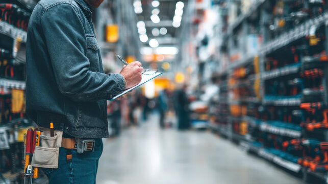 A worker meticulously inspects inventory in a vast hardware store, noting details on a clipboard, highlighting a scene of careful organization and management.