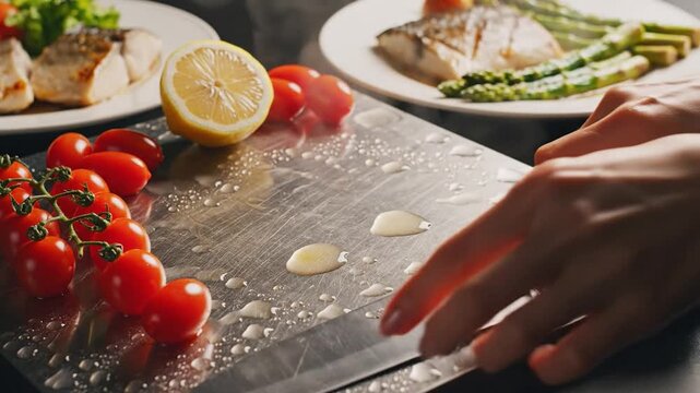 Fresh ingredients on a stainless steel cutting board with tomatoes, lemon, and a hand preparing for meal plating in a kitchen setting