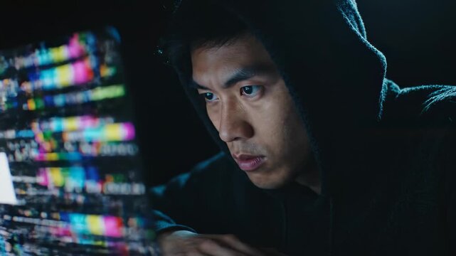 This captures a hooded man in a dark room experiencing technical difficulties on his computer screen with a error message displayed.