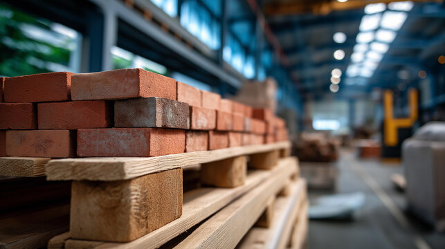 Red bricks stacked neatly on a wooden pallet in an industrial warehouse environment. Defocused background. Red bricks, wooden pallet, warehouse bricks, construction materials,,