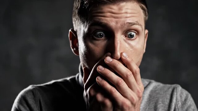 A capturing a man's shocked reaction with his hands covering his mouth in a dark setting, conveying a sense of fear and anxiety.