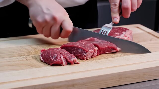 Chef Slicing Raw Beef Steak Into Chunks on Wooden Cutting Board With Knife and Fork