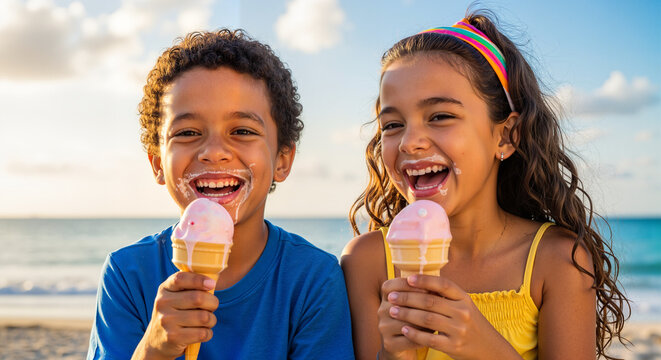 Irm&atilde;o e irm&atilde; brasileiros felizes comendo sorvete na praia durante o ver&atilde;o