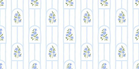 Obraz na płótnie Canvas Vintage periwinkle flower bouquet art seamless pattern illustration. Retro nature floral background in hand drawn style. Spring season garden decoration texture, natural textile drawing print.