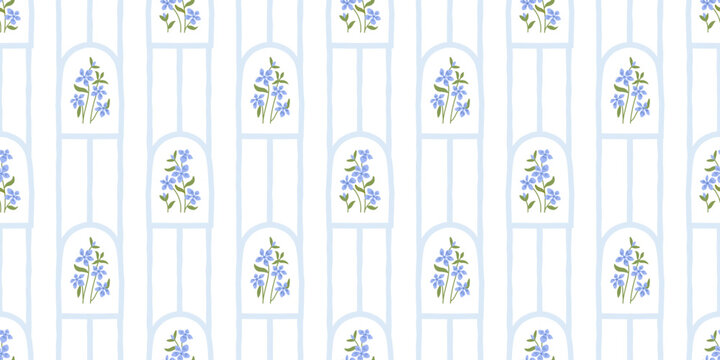 Vintage periwinkle flower bouquet art seamless pattern illustration. Retro nature floral background in hand drawn style. Spring season garden decoration texture, natural textile drawing print.