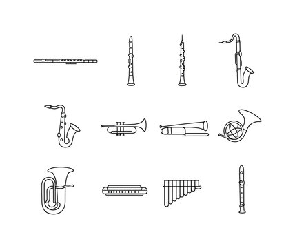Wind and Brass Instruments. Minimalistic set one-line drawing flute, clarinet, oboe, bassoon, saxophone, trumpet, trombone, French horn, tuba, harmonica, pan