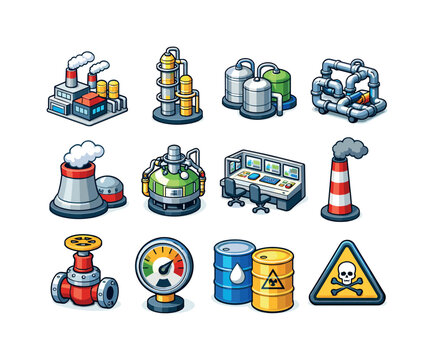 Chemical plant. Colorful isometric vector icons set of Chemical plant: factory building, distillation column, storage tanks, industrial pipes, cooling tower,