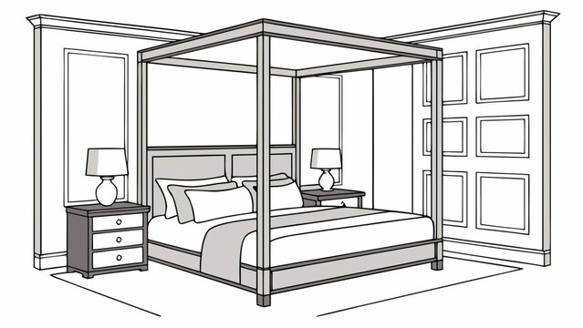 A minimalist line art illustration of a four-poster bed in a modern bedroom with nightstands and lamps