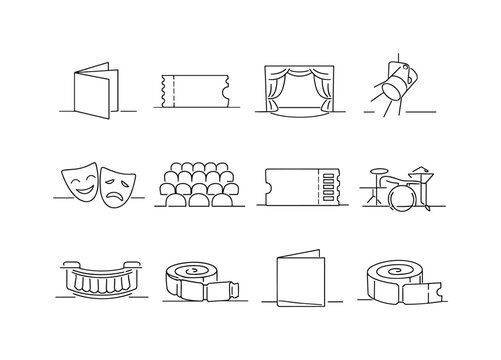 Playbill and Theater Ticket Design. Minimalistic set one-line drawing [folded playbill booklet, theater ticket stub, stage with curtains, spotlight, comedy and