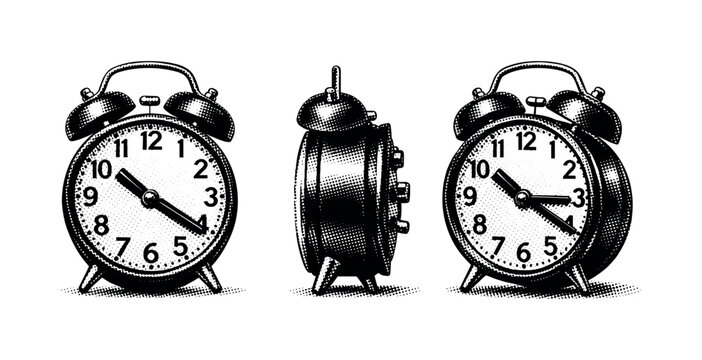 Alarm clock ? classic twin-bell analog alarm clock with round face and metal legs, shown in front view, side profile, and three-quarter angle to define