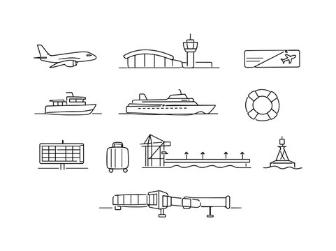 Air and Water Public Transport Network. Minimalistic set one-line drawing [airplane, airport terminal, control tower, boarding pass, ferry boat, passenger