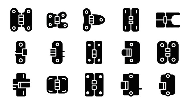 Hinge icons, black silhouette hardware symbols, door hinge graphics, 15 metal fastener illustrations, vector set