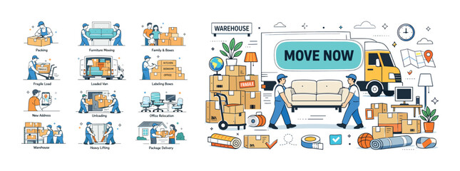 Fototapeta premium Move now isometric composition with moving service icons, packed boxes, furniture transport, delivery truck, and home relocation elements for logistics and搬 house moving design. 