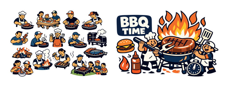 BBQ time isometric composition with barbecue and grilling icons, outdoor cooking elements, fire flames, grilled food, sauce bottles, and picnic meal concept. Colorful vector-style set for summer party