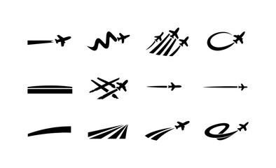 Fototapeta premium Contrails in the Sky. Solid icon set of Contrails in the Sky: straight contrail, zigzag jet trail, multiple sky trails, airplane vapor path, horizon contrail,