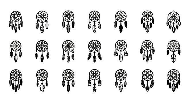Dreamcatcher icons, black and white dreamcatchers, vector dream catcher set, 20 dreamcatcher illustrations