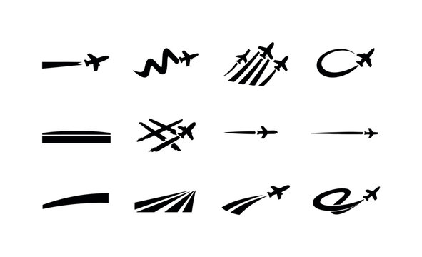 Contrails in the Sky. Solid icon set of Contrails in the Sky: straight contrail, zigzag jet trail, multiple sky trails, airplane vapor path, horizon contrail,