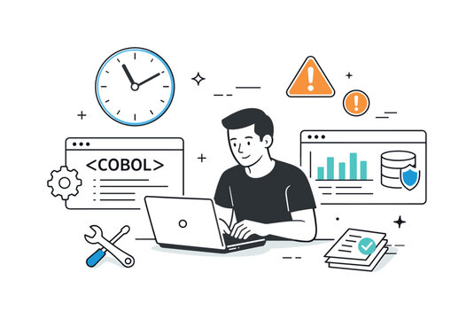 COBOL revival emergency maintenance. Programmer urgently fixing legacy financial or government system, clock and alert icons floating nearby. Scene conveys