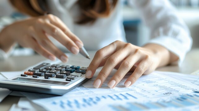 Hands Calculating Finances on Desk with Documents and Calculator Close Up