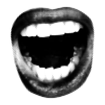 Abstract Halftone Pop Art Illustration of Open Lips or a Screaming Mouth. Vintage dots texture cut-out retro collage element for mixed media design. Vector