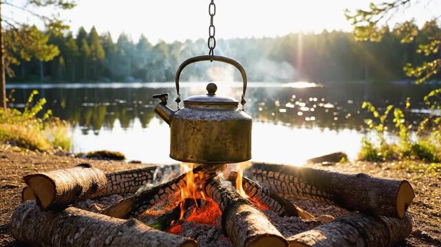 Vintage kettle suspended over a campfire, surrounded by logs and a serene lake reflecting sunlight in a tranquil outdoor setting