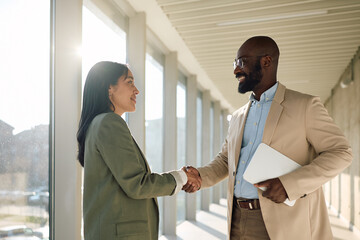 Business colleagues shaking hands after successful meeting in office.