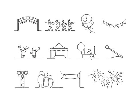 Holiday Street Celebration. Minimalistic set one-line drawing [decorated street arch, marching band line, parade balloon character, festive garland, children