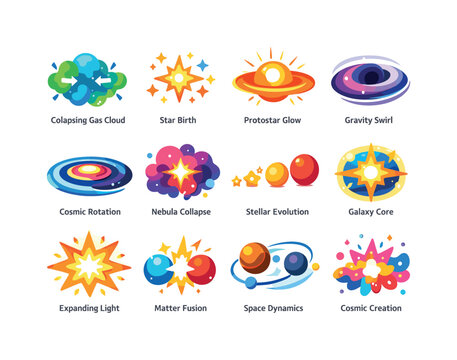 GalaxyFormation. Colorful flat vector icons set of GalaxyFormation: collapsing gas cloud, star birth, protostar glow, gravity swirl, cosmic rotation, nebula