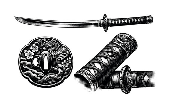 Samurai Sword ? ornate ceremonial katana. An ornate ceremonial katana with decorative tsuba and handle wrappings illustrated as one object presented in three