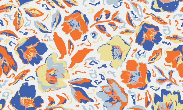 Hand drawn, flowers with leaves in orange, blue and butter yellow seamless repeat pattern. Random placed, vector botany aop, all over surface print on white background.