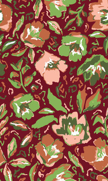Hand drawn, flowers with leaves pastel pink, sage green and brown seamless repeat pattern. Random placed, vector botany aop, all over surface print on red background.