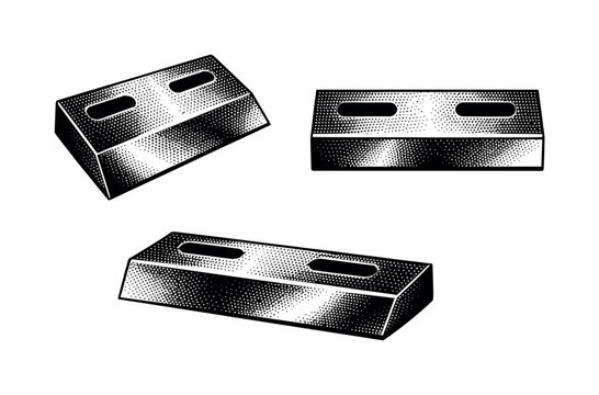 Chipper knife A thick wood chipper knife with angled cutting edge and mounting slots shown in three orientations emphasizing mass and durability. Black and