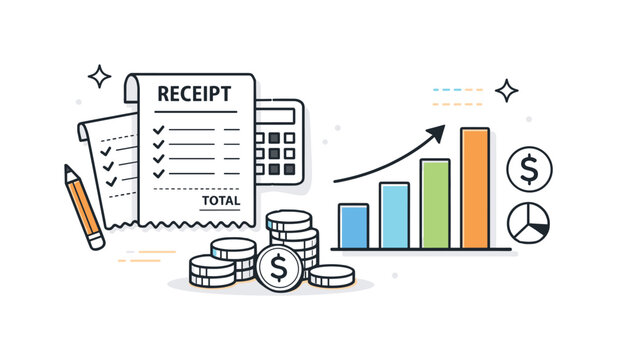 Expense tracking. Receipts, coins, and a simple bar chart laid out together, visualizing spending control. Balanced and thoughtful atmosphere. Minimalist flat