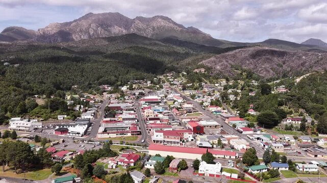 CBD of Queenstown mining town in West Coast mountains of Tasmania &ndash; aerial view.